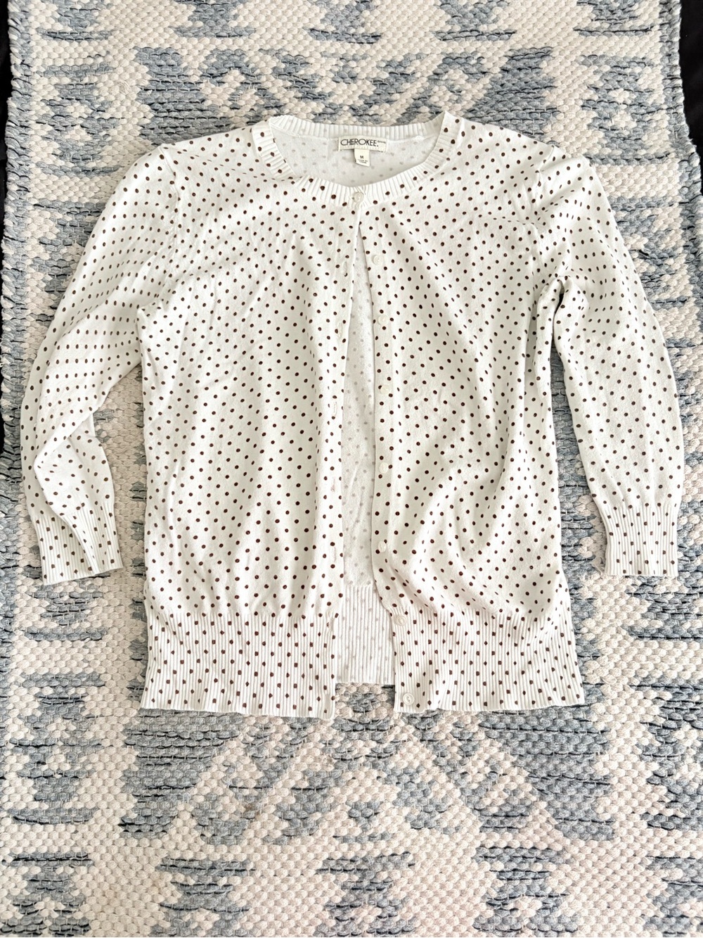 Cherokee White Cardigan with Small Brown Polka Dots